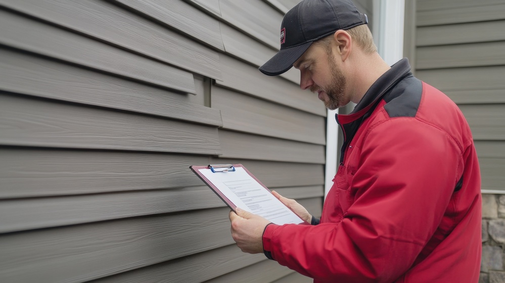 A professional inspects exterior siding for weather damage, ensuring quality maintenance and safety of the property with a clipboard and focused attention.